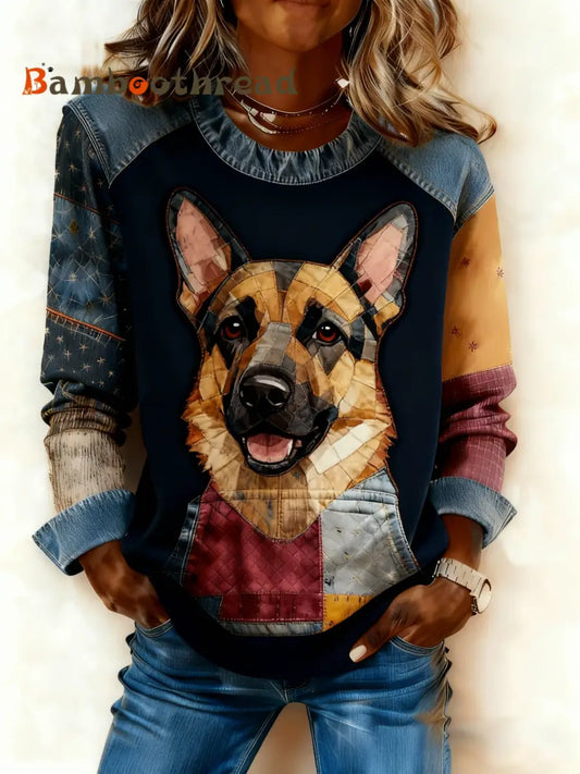 Women’s Art Dog Denim Patchwork Sweatshirt As picture / S