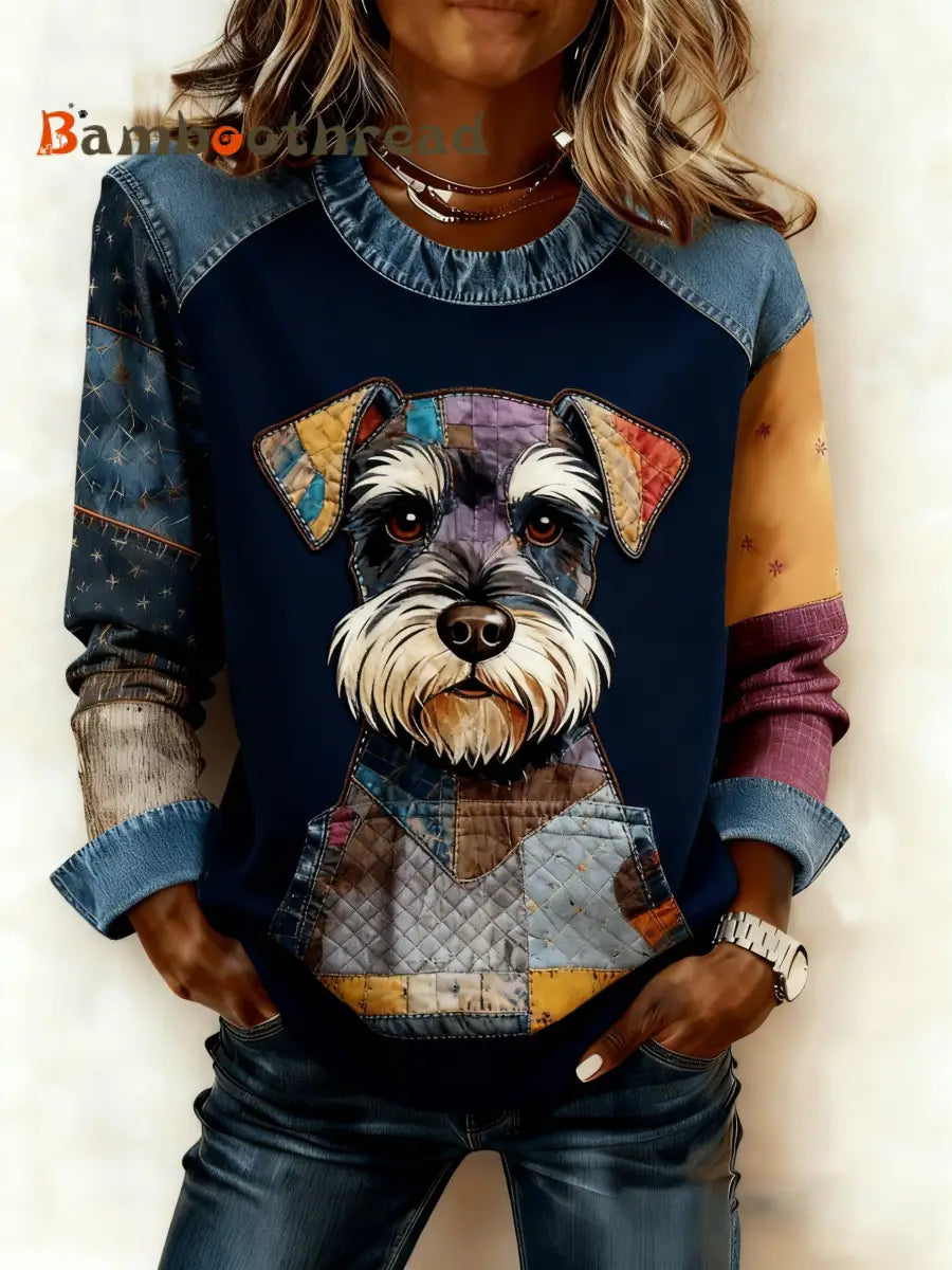 Women’s Art Dog Denim Patchwork Sweatshirt As picture / S