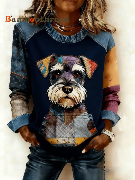 Women’s Art Dog Denim Patchwork Sweatshirt As picture / S