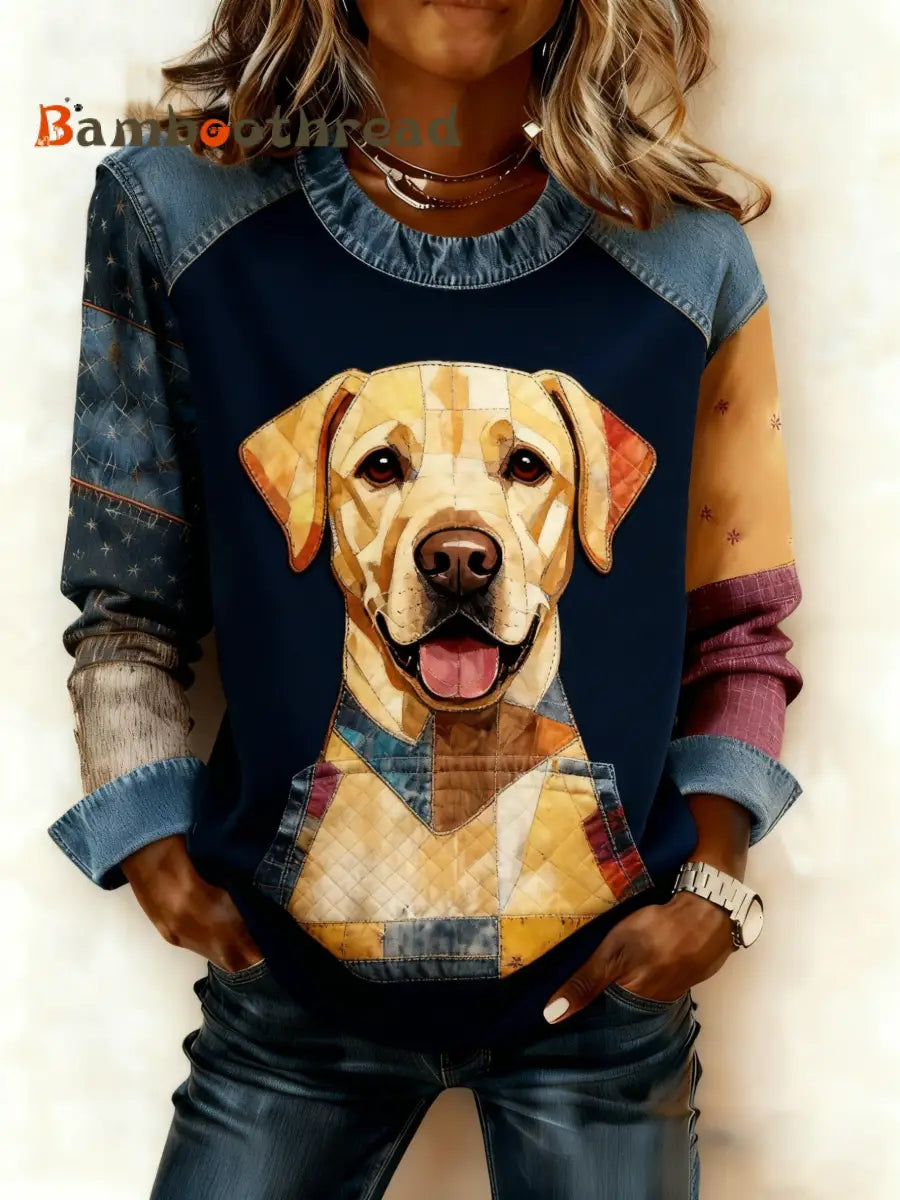 Women’s Art Dog Denim Patchwork Sweatshirt As picture / S