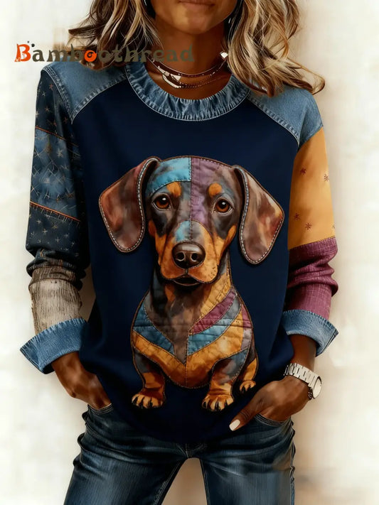 Women’s Art Dog Denim Patchwork Sweatshirt As picture / S