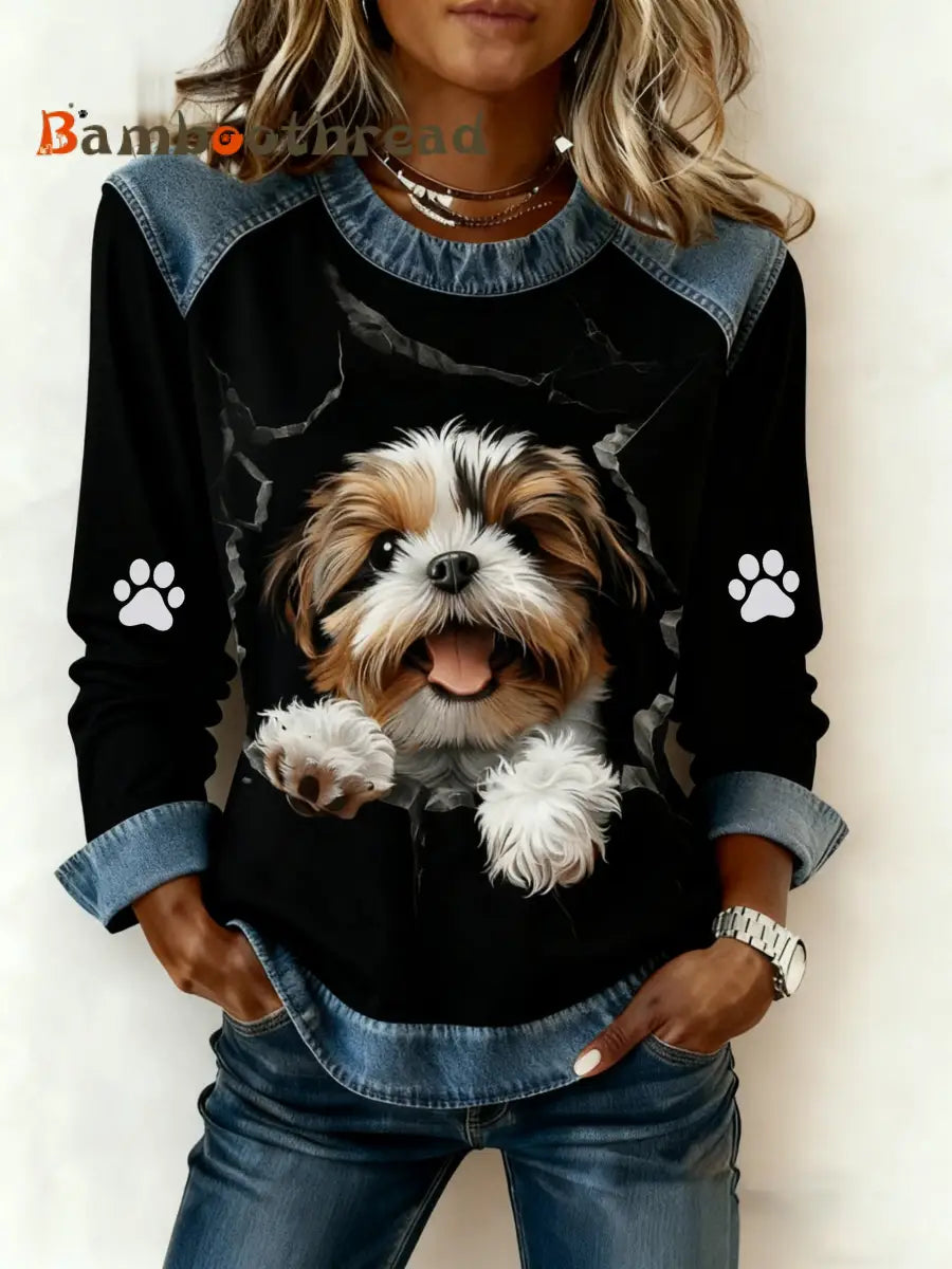 Women’s Art Dog Denim Patchwork Sweatshirt Black / S