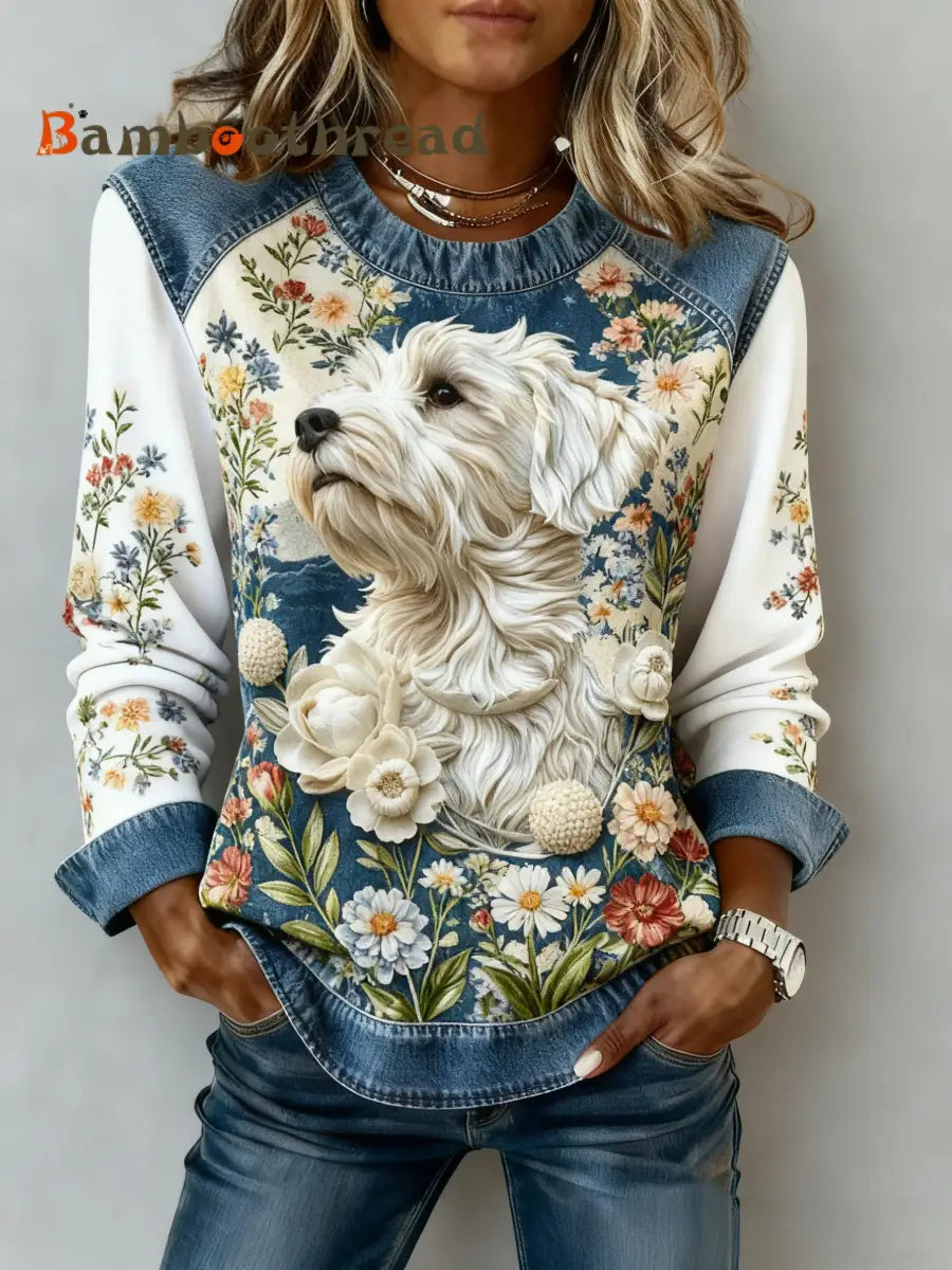 Women’s Art Dog Denim Patchwork Sweatshirt White / S