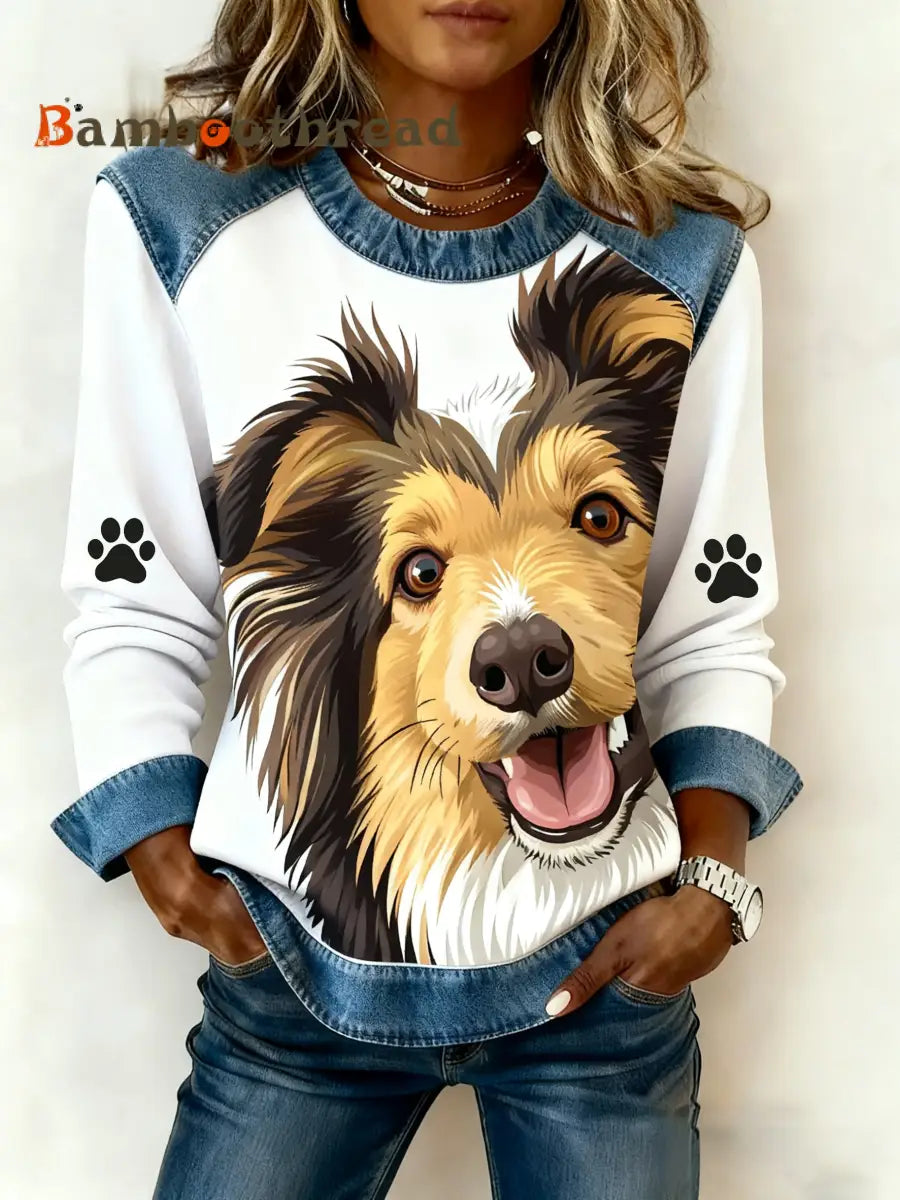 Women’s Art Dog Denim Patchwork Sweatshirt White / S