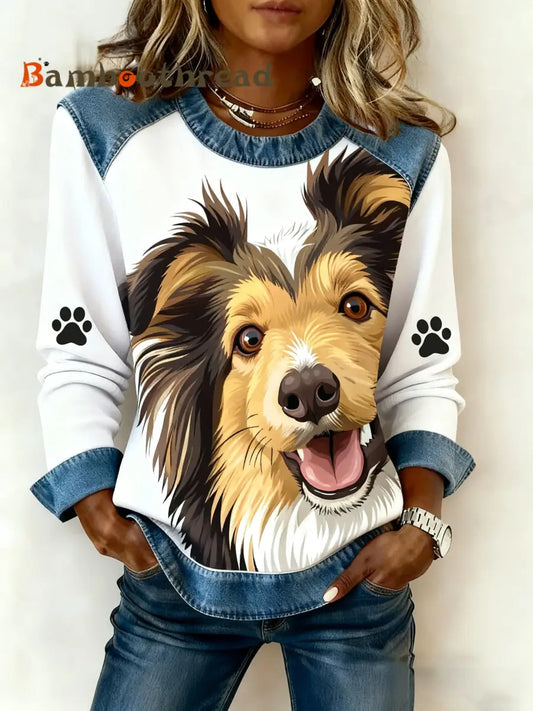 Women’s Art Dog Denim Patchwork Sweatshirt White / S