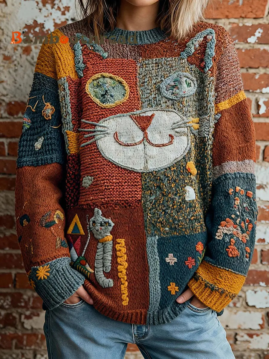 Women’s Artistic Cat Print Vintage Tops As picture / S