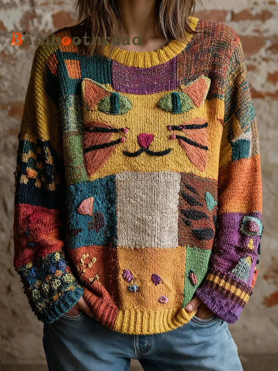 Women’s Artistic Cat Print Vintage Tops As picture / S