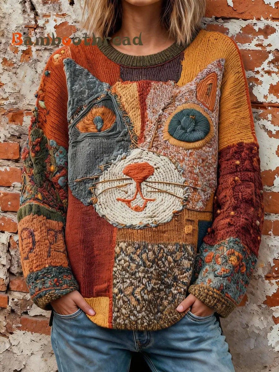 Women’s Artistic Cat Print Vintage Tops As picture / S