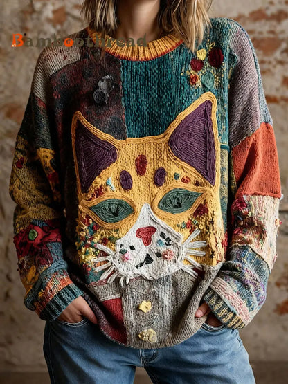 Women’s Artistic Cat Print Vintage Tops As picture / S