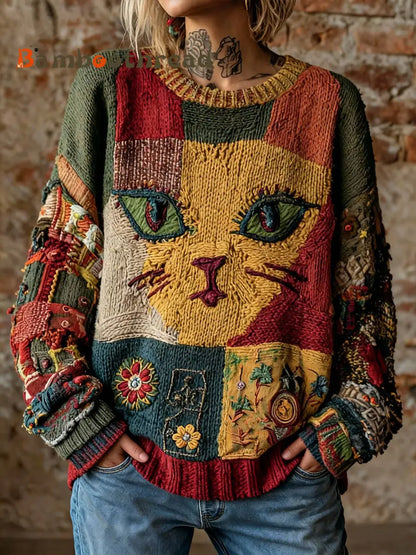 Women’s Artistic Cat Print Vintage Tops As picture / S