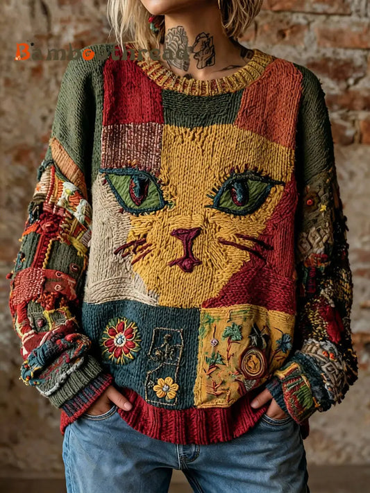 Women’s Artistic Cat Print Vintage Tops As picture / S