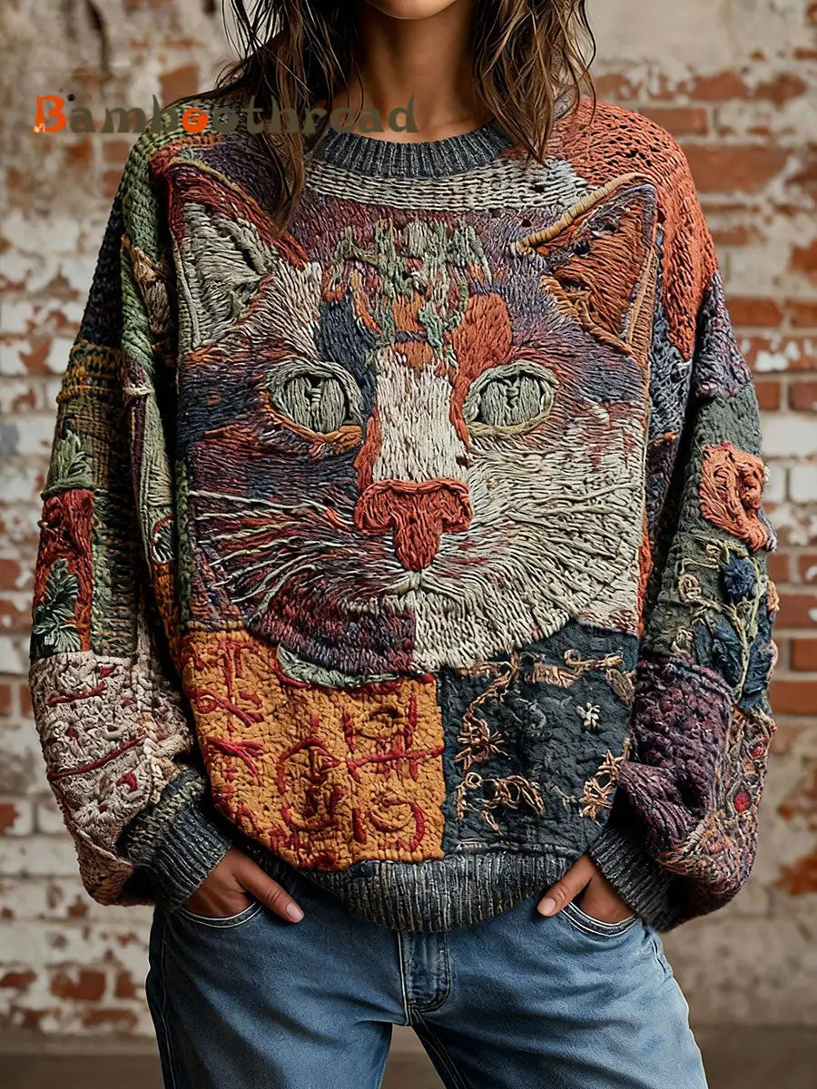 Women’s Artistic Cat Vintage Tops As picture / S