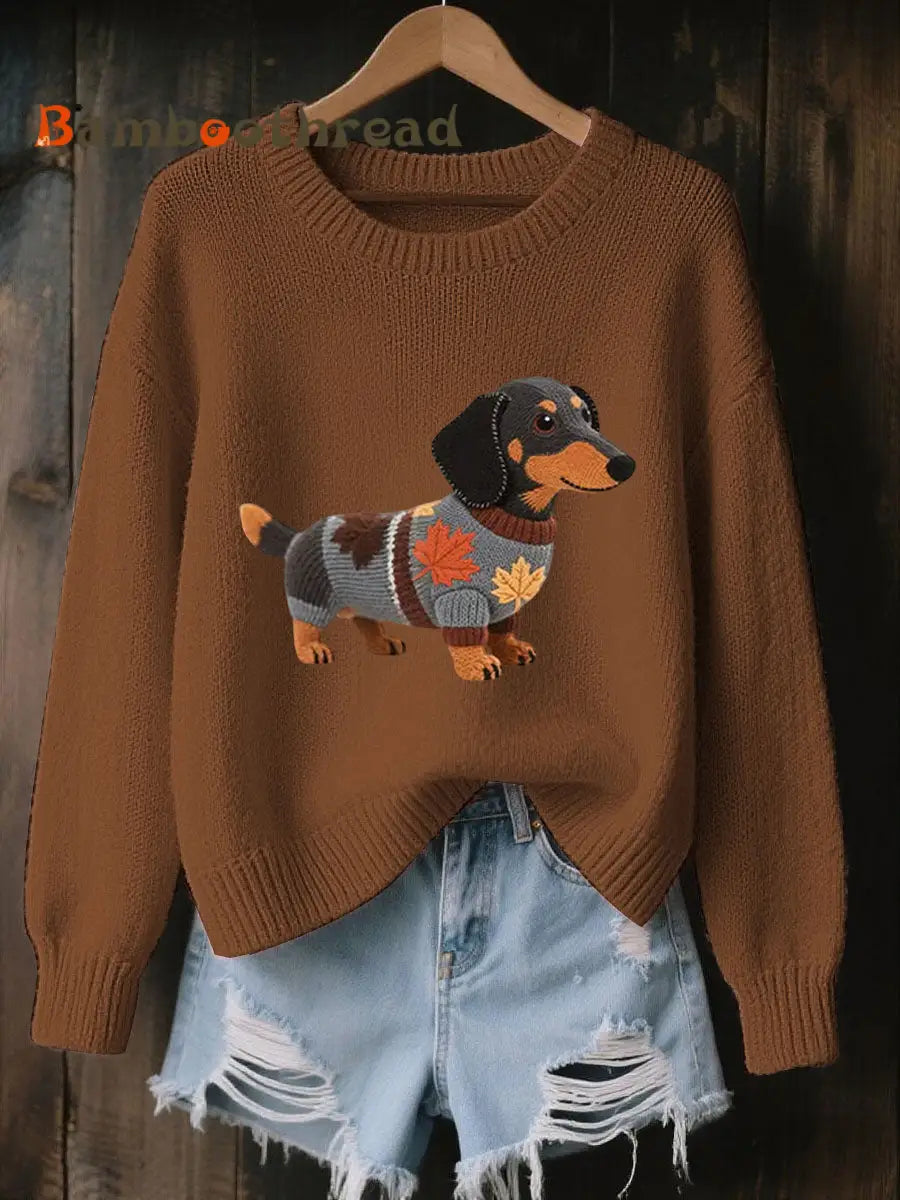 Women’s Autumn Dog Art Print O-Neck Long Sleeve Sweatshirt Brown / S