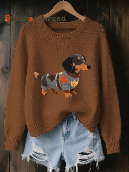 Women’s Autumn Dog Art Print O-Neck Long Sleeve Sweatshirt Brown / S
