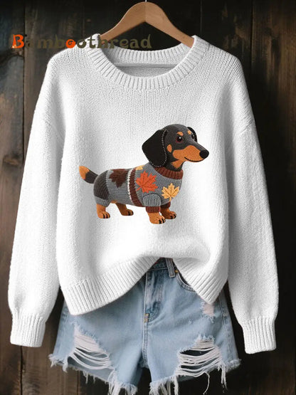 Women’s Autumn Dog Art Print O-Neck Long Sleeve Sweatshirt White / S