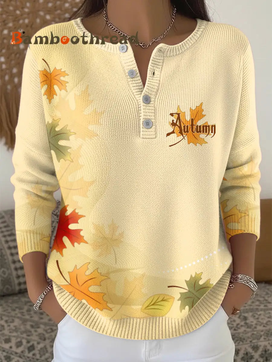 Women’s Autumn Thanksgiving Fashion Henley neck sweater Yellow / S