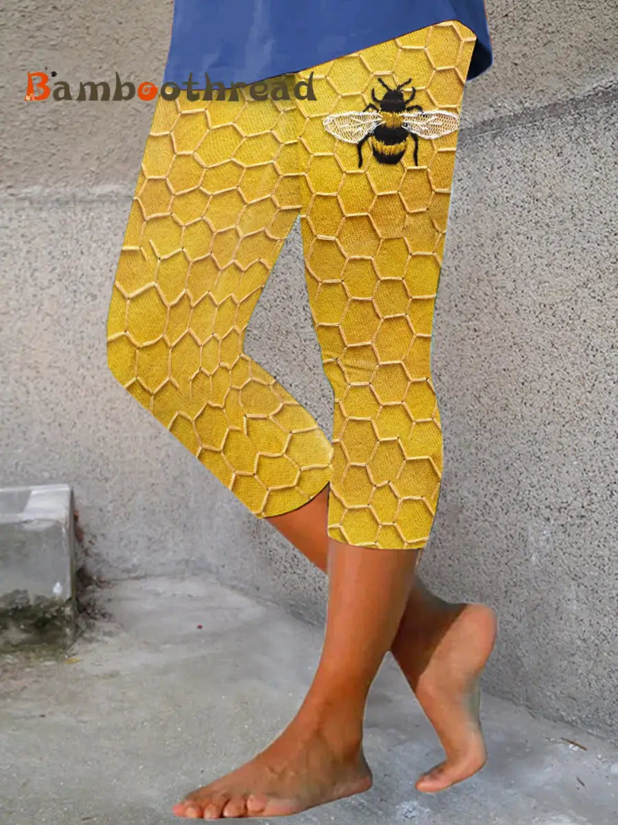 Women’s Bee Print Casual Cropped Leggings Yellow / S