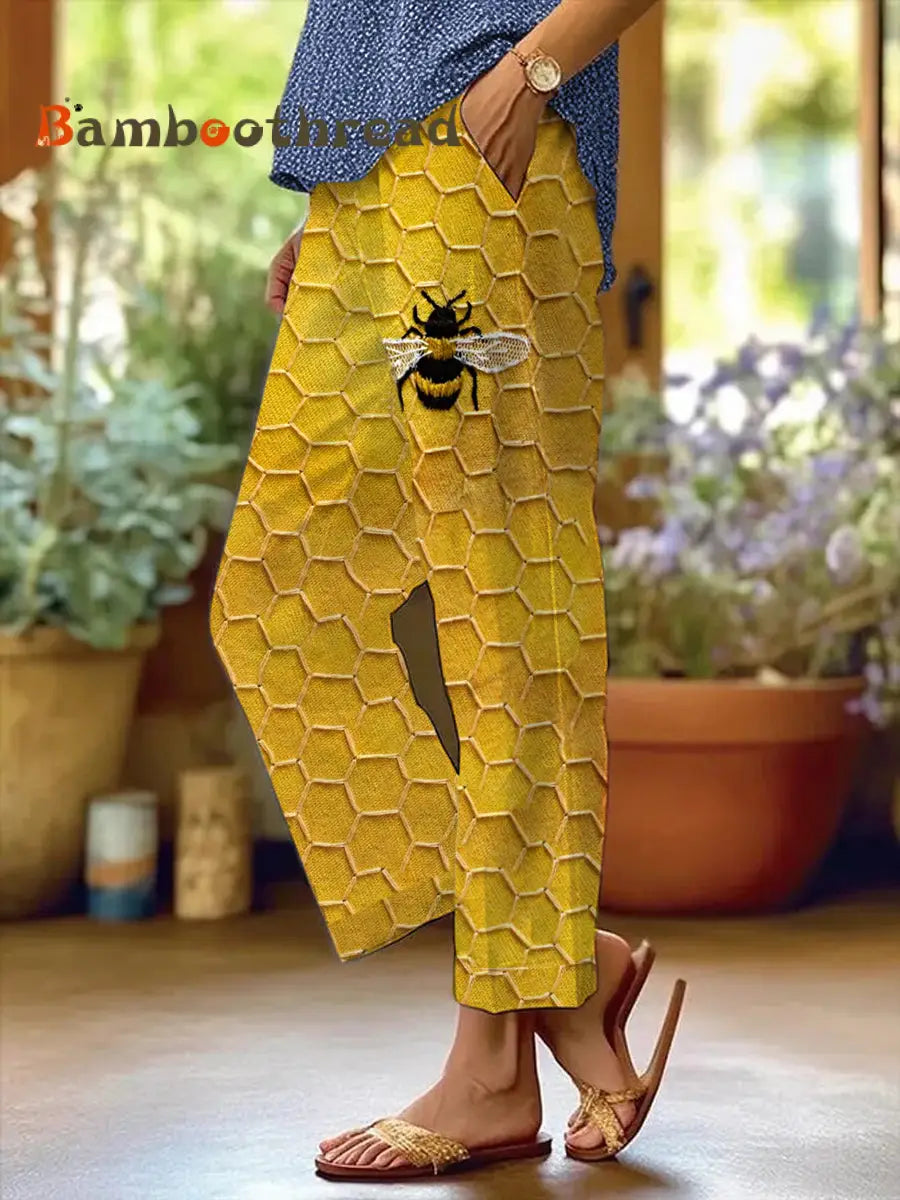 Women’s Bee Print Casual Pants Yellow / S