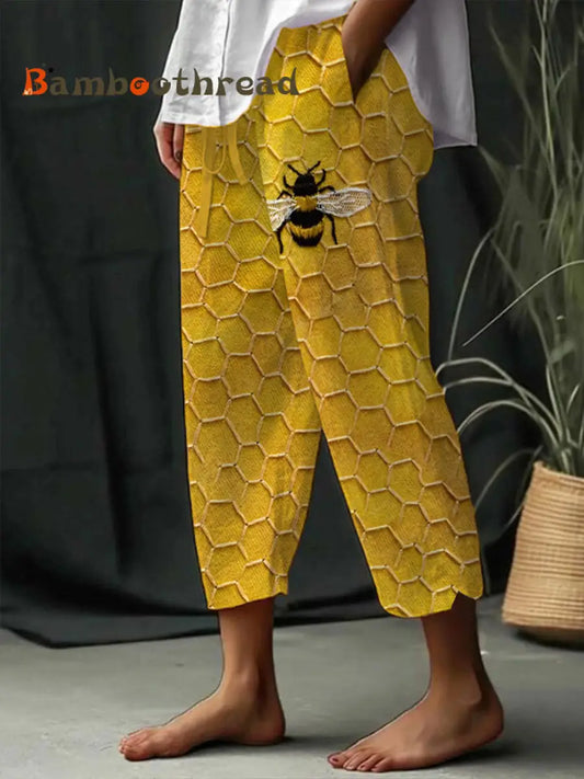 Women’s Bee Print Casual Pants Yellow / S
