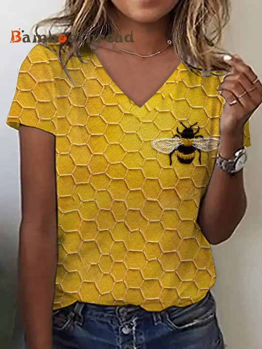 Women’s Bee Print Casul V-Neck Tee Yellow / S