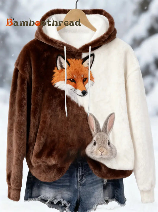 Women’s Best Partner Fox And Bunny Print Casual Flannel Hoodie Brown / S