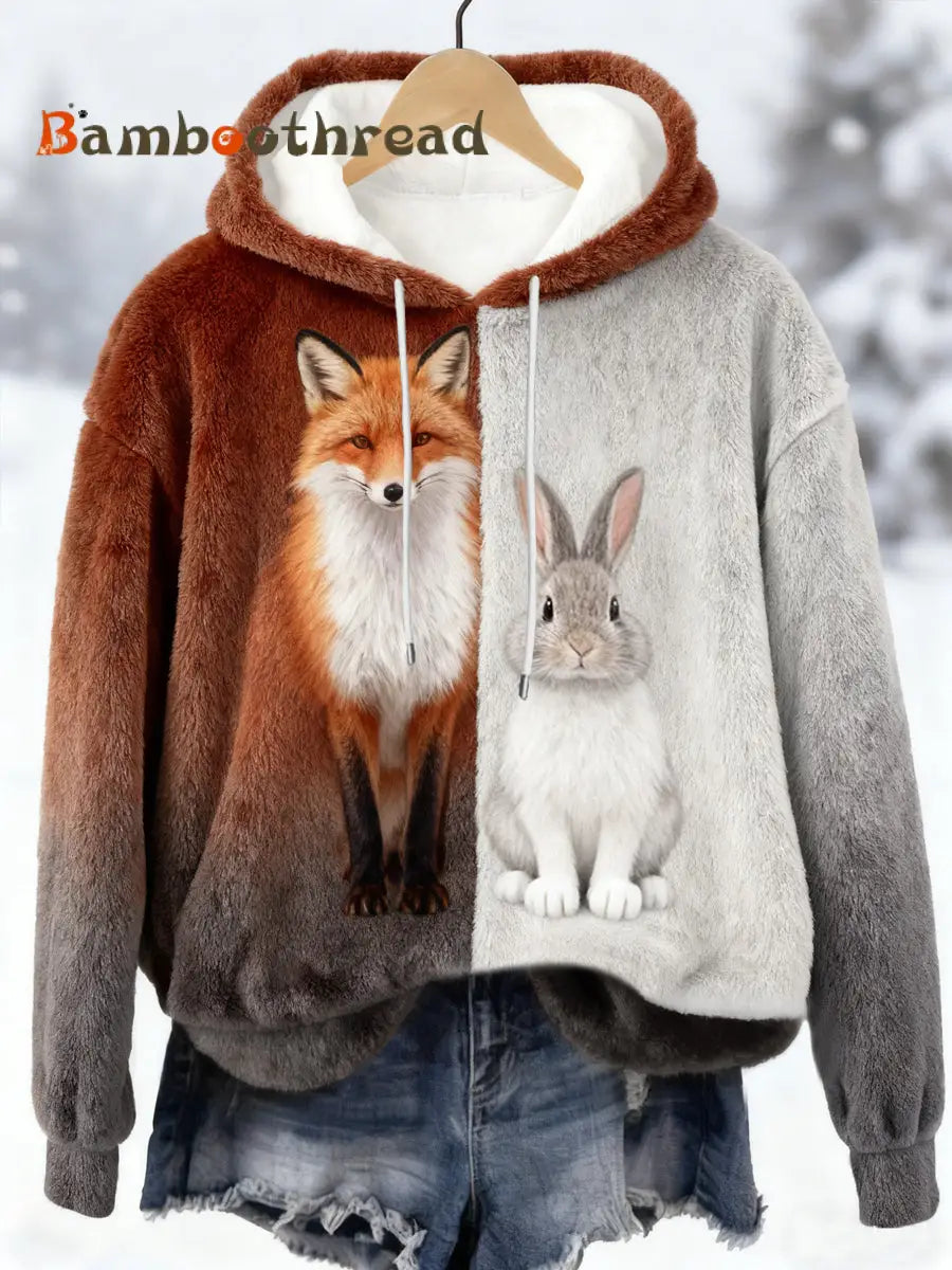 Women’s Best Partner Fox And Bunny Print Casual Flannel Hoodie Brown / S