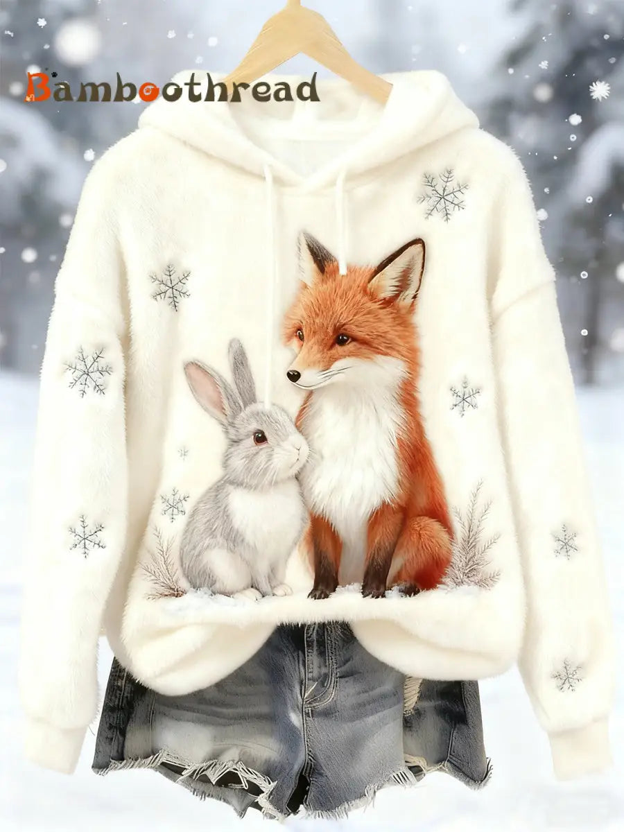 Women’s Best Partner Fox And Bunny Print Casual Flannel Hoodie Creamy-White / S