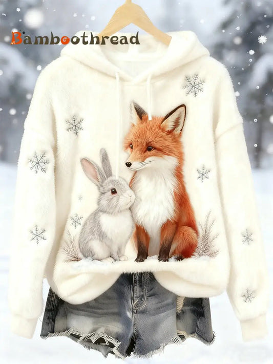 Women’s Best Partner Fox And Bunny Print Casual Flannel Hoodie Creamy-White / S
