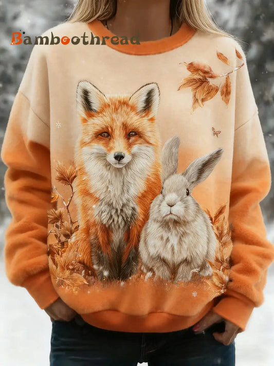 Women’s Best Partner Fox And Bunny Print Casual Flannel Sweatshirt Orange / S
