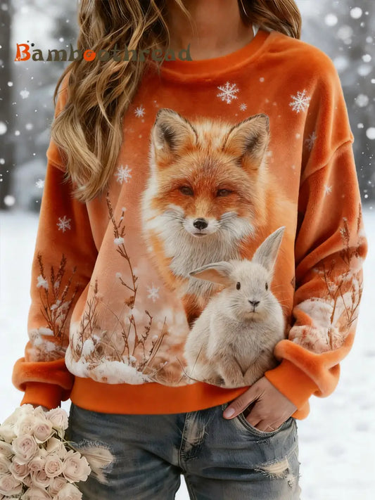 Women’s Best Partner Fox And Bunny Print Casual Flannel Sweatshirt Orange / S