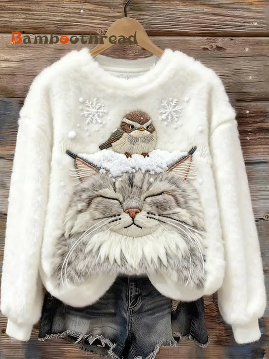 Women’s Bird & Cat In The Snow Cozy Flannel Hoodie White / S