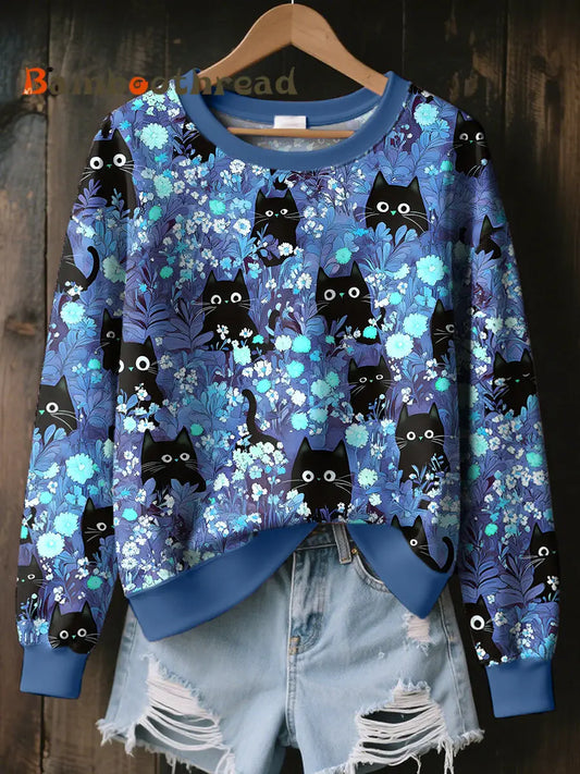 Women’s Black Cat Art Print Sweatshirt As picture / S