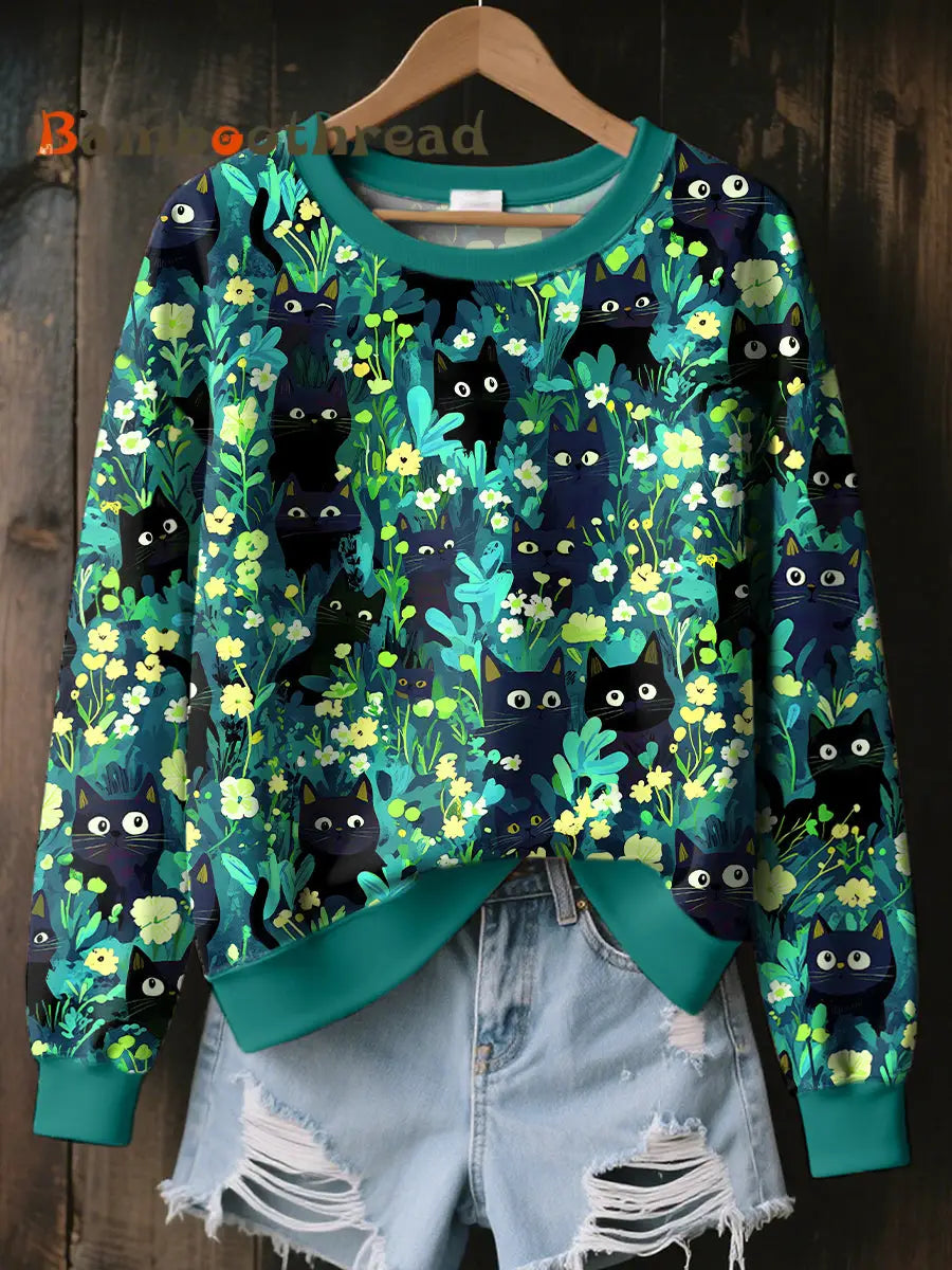 Women’s Black Cat Art Print Sweatshirt As picture / S
