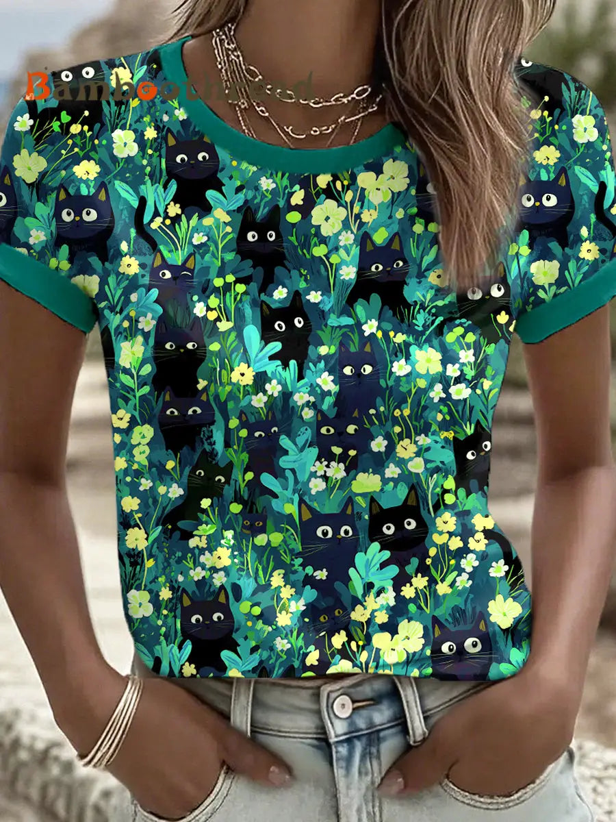 Women’s Black Cat Art Print T-Shirt As picture / S