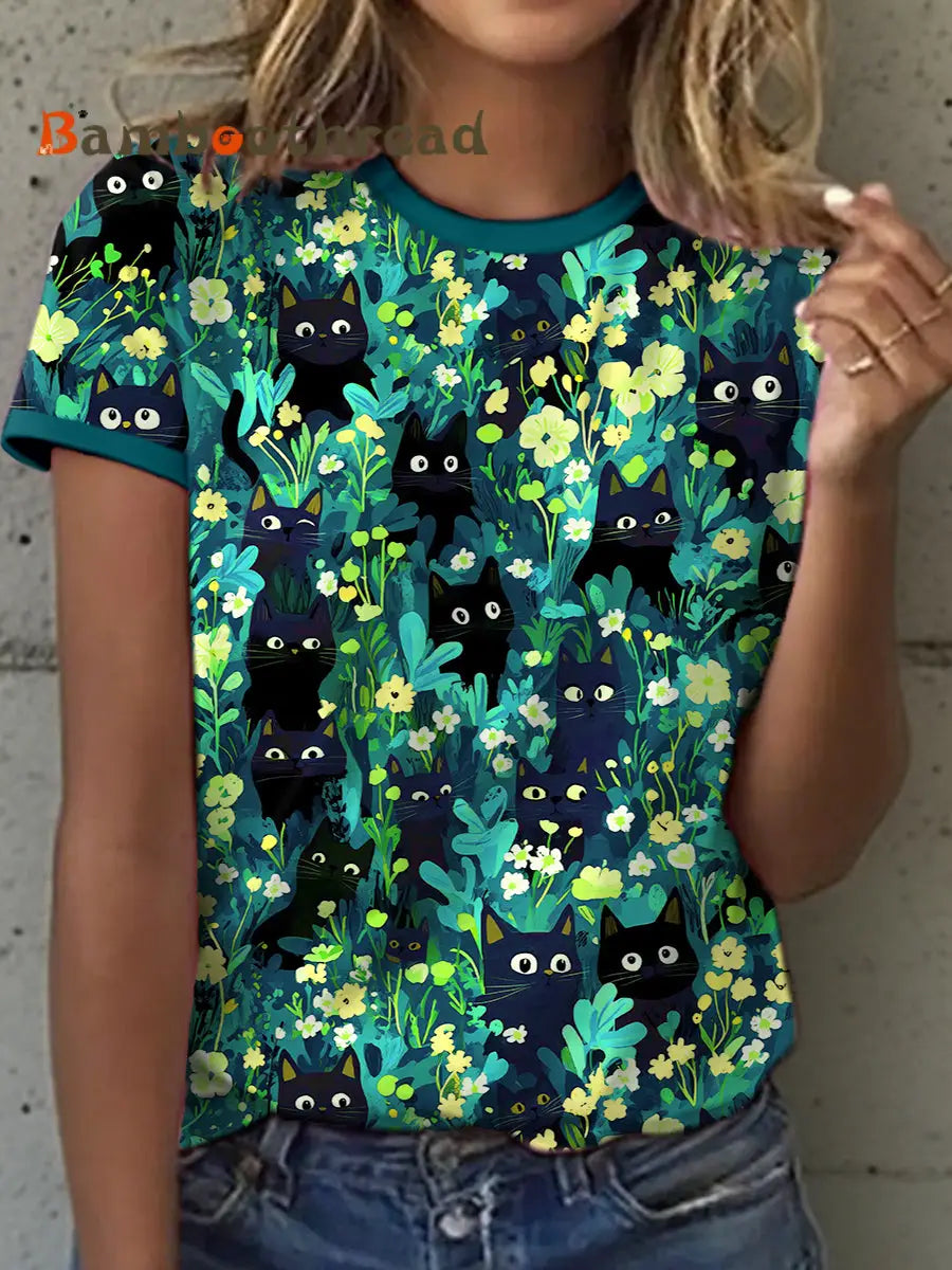 Women’s Black Cat Art Print T-Shirt Green / S