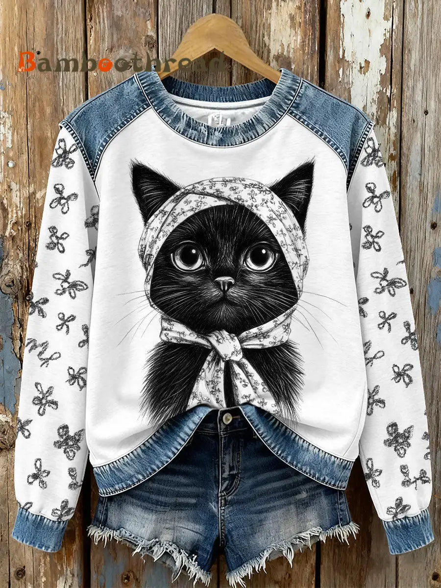 Women’s black cat print sweatshirts White / S