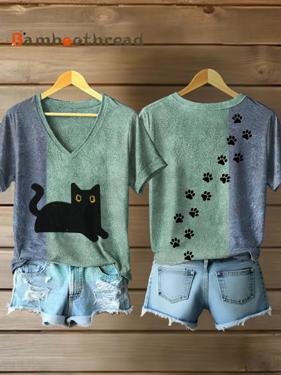 Women’s black cat print V-neck T-shirts As picture / S