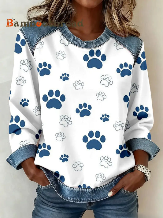 Women’s Blue Paw Print Denim Patchwork Sweatshirt As picture / S