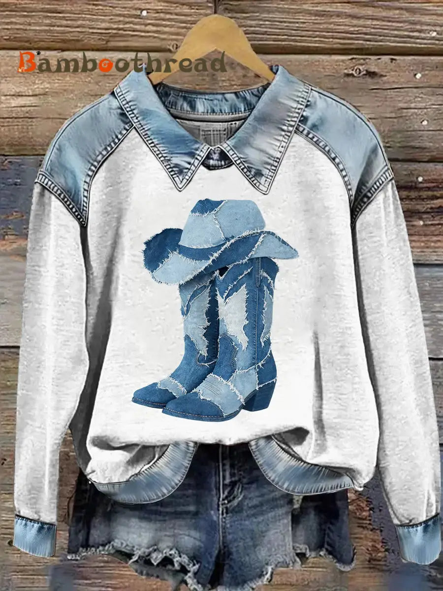 Women’s Boots Print Patchwork Lapel Long Sleeved Sweatshirt Gray / S