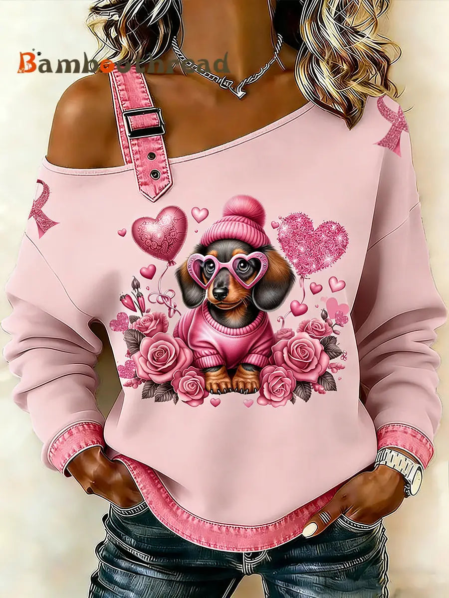Women’s Breast Cancer Animal Dachshund Printed One Shoulder Suspender Casual Sweater Pink / S