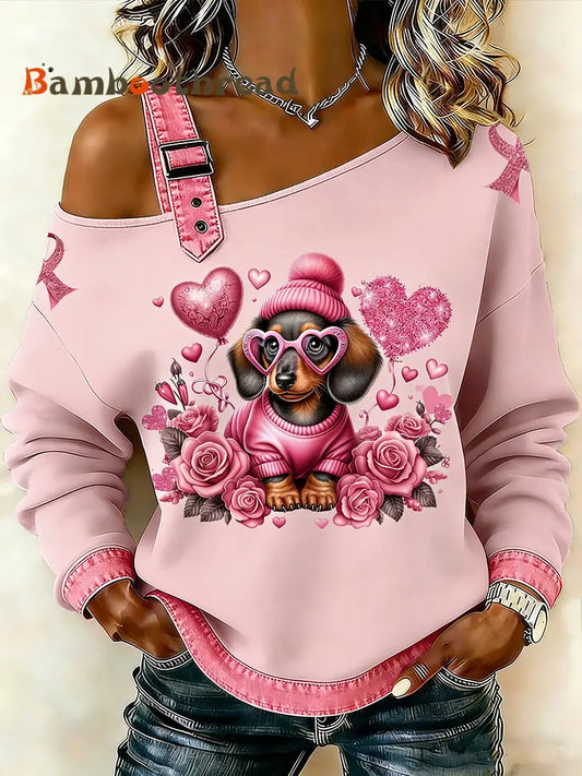 Women’s Breast Cancer Animal Dachshund Printed One Shoulder Suspender Casual Sweater Pink / S