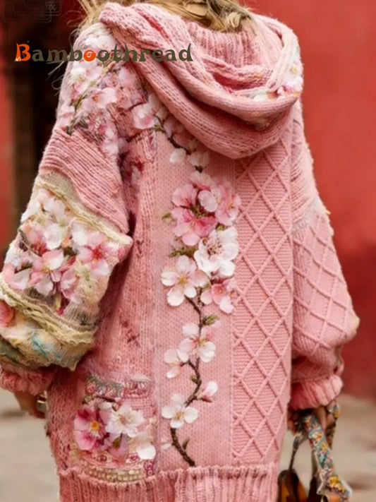 Women’s Breast Cancer Awareness Floral Button Cardigan Hooded Sweater Pink / S
