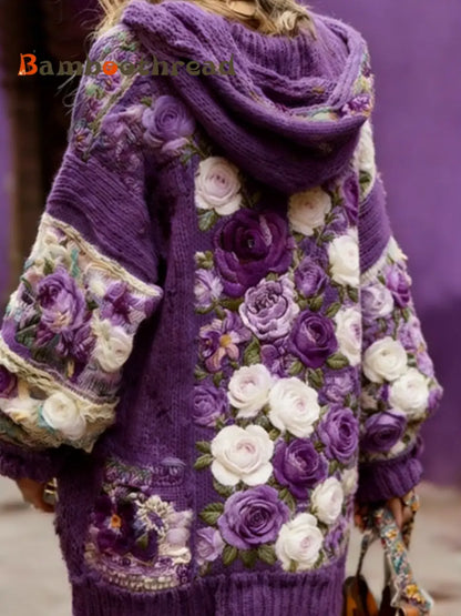 Women’s Breast Cancer Awareness Floral Button Cardigan Hooded Sweater Purple / S