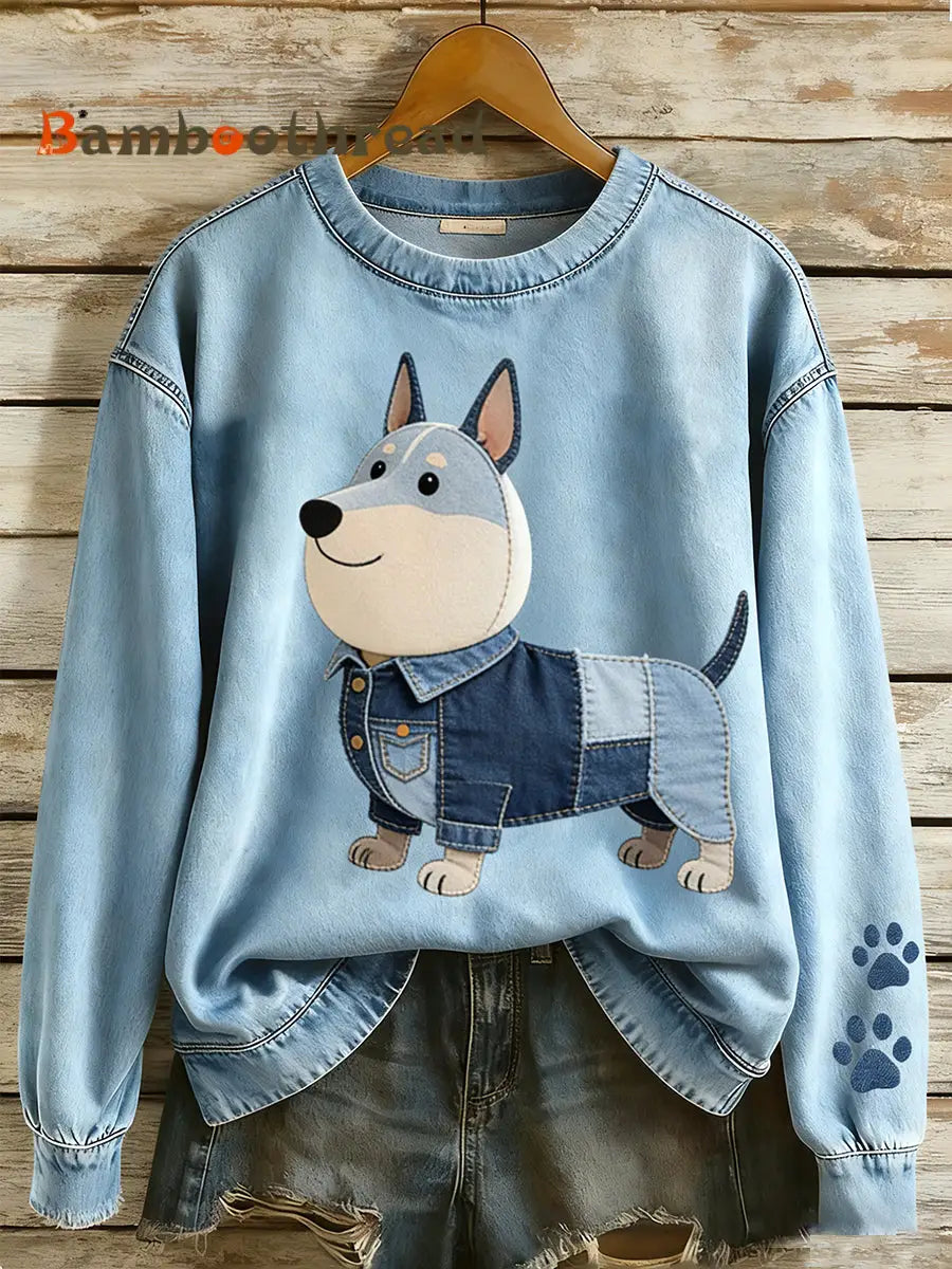 Women’s Bull Terrier Denim Patchwork Casual Sweatshirt A / S