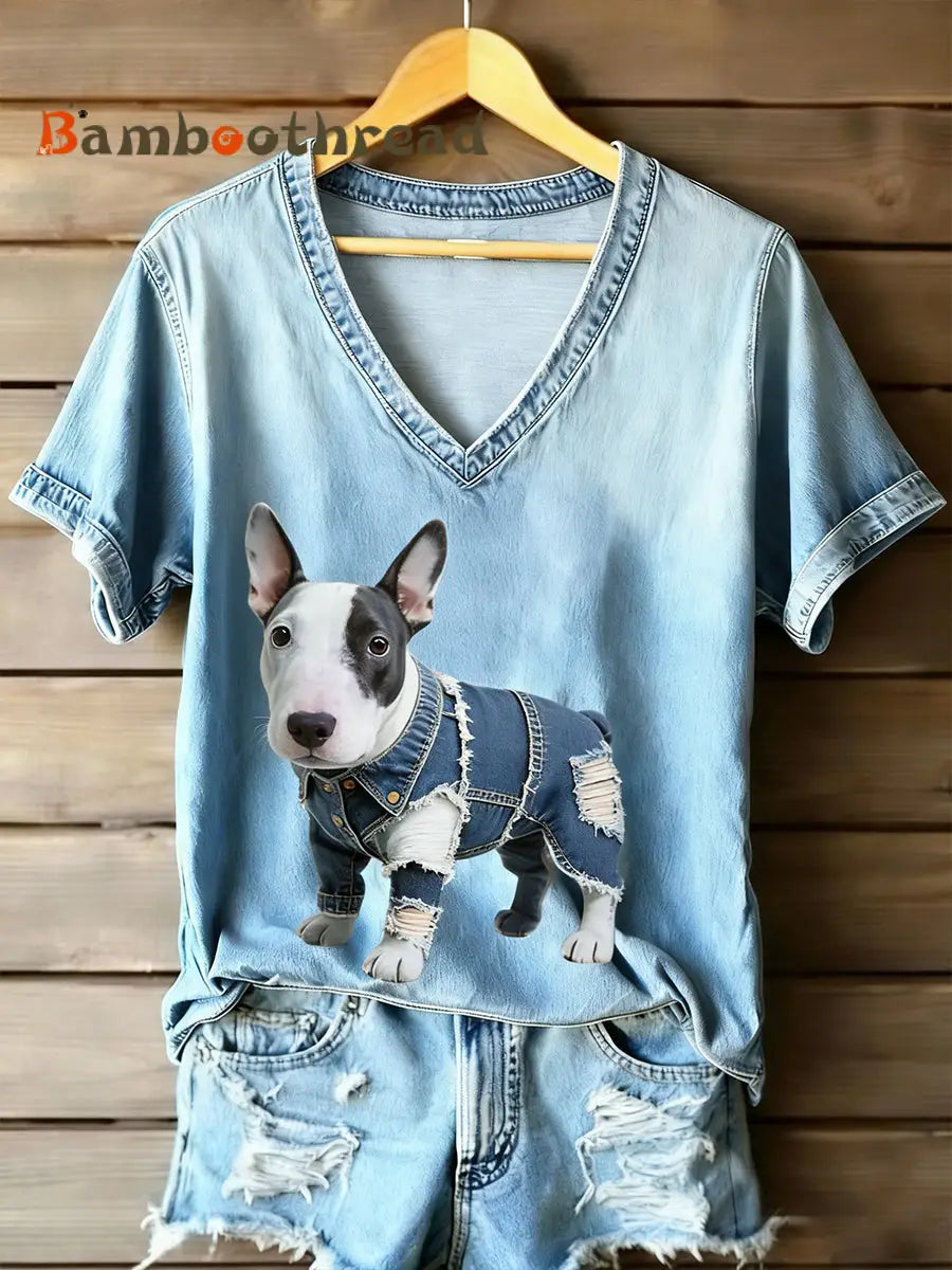 Women’s Bull Terrier Denim Patchwork Casual T-Shirt A / S