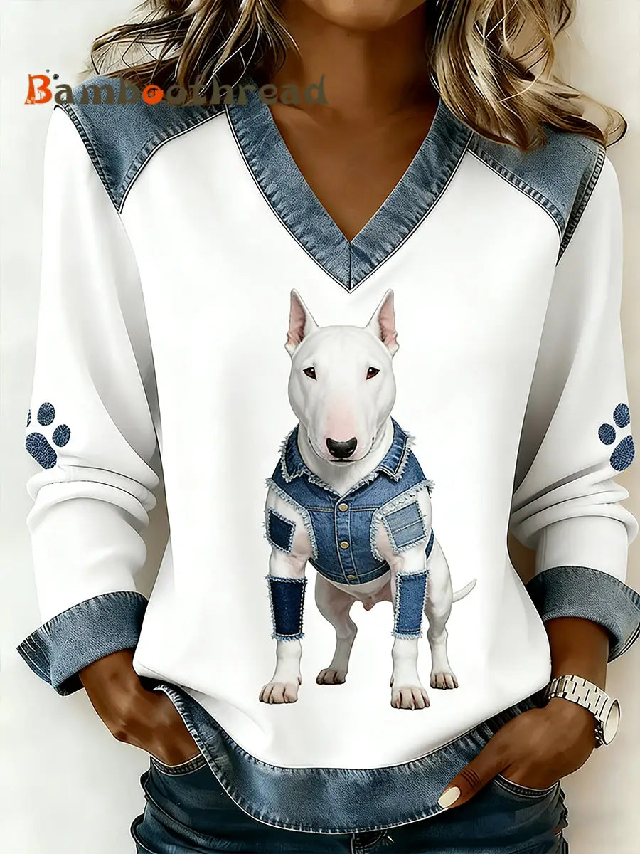 Women’s Bull Terrier Denim Patchwork Casual V-Neck Top A / S