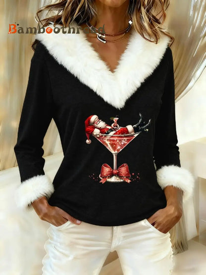 Women’s Casual Christmas Fur Collar Top Black / S