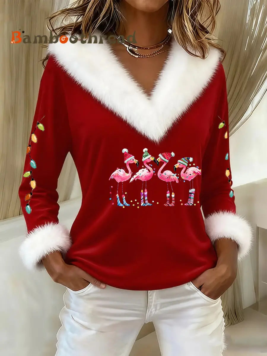 Women’s Casual Christmas Fur Collar Top Red / S