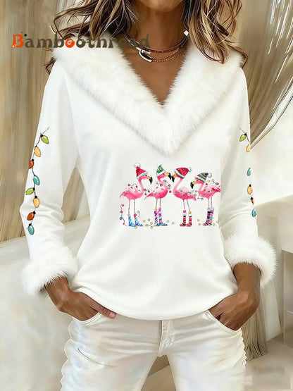 Women’s Casual Christmas Fur Collar Top White / S
