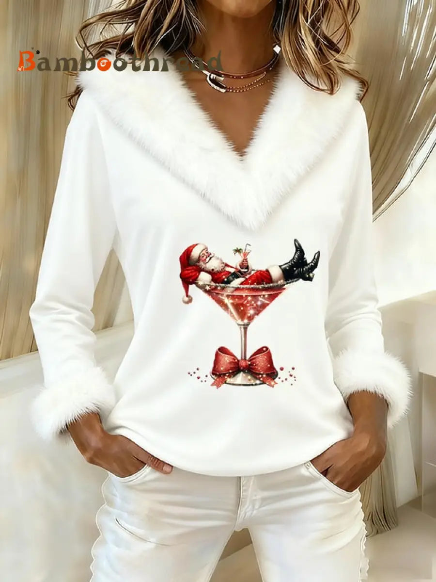 Women’s Casual Christmas Fur Collar Top White / S